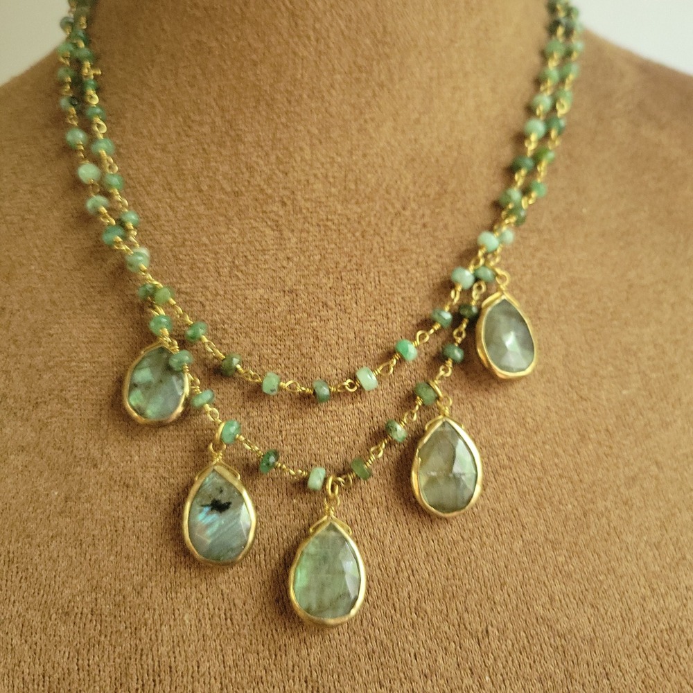 Rachel Reinhardt Green Gemstone Beaded Teardrop Necklace 18" Whimsigothic